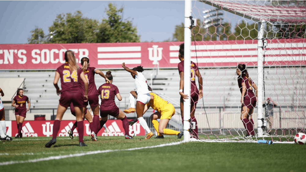 Senior Mykayla Brown takes control of the ball and is able to score Oct. 7 at Bill Armstrong Stadium. Brown scored two goals, including the game-winning goal, against the Golden Gophers.&nbsp;