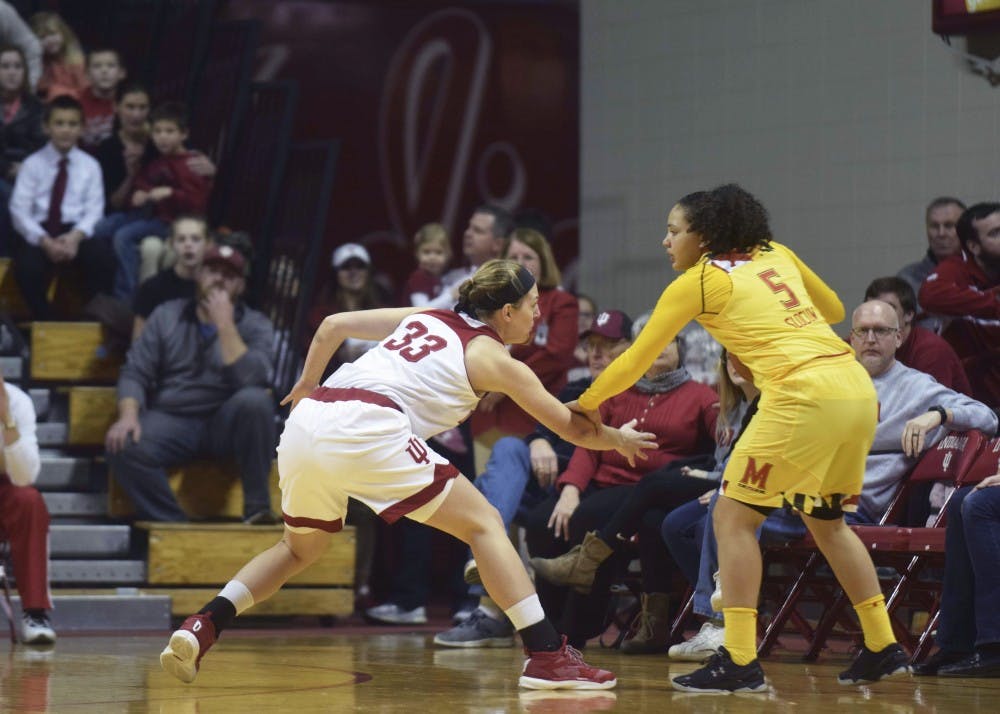 <p>Senior forward Amanda Cahill goes for a steal against Maryland last season in Simon Skjodt Assembly Hall. Cahill and senior guard Tyra Buss will provide experience for the IU women's basketball team this season.&nbsp;</p>