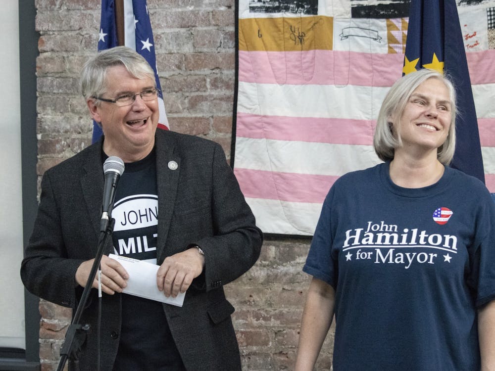 IU law professor Dawn Johnsen and her husband Mayor John Hamilton smile May 7, 2019, at an event at the Dimension Mill. Hamilton will give his seventh State of the City address at 7 p.m. Thursday at the Buskirk-Chumley Theater.