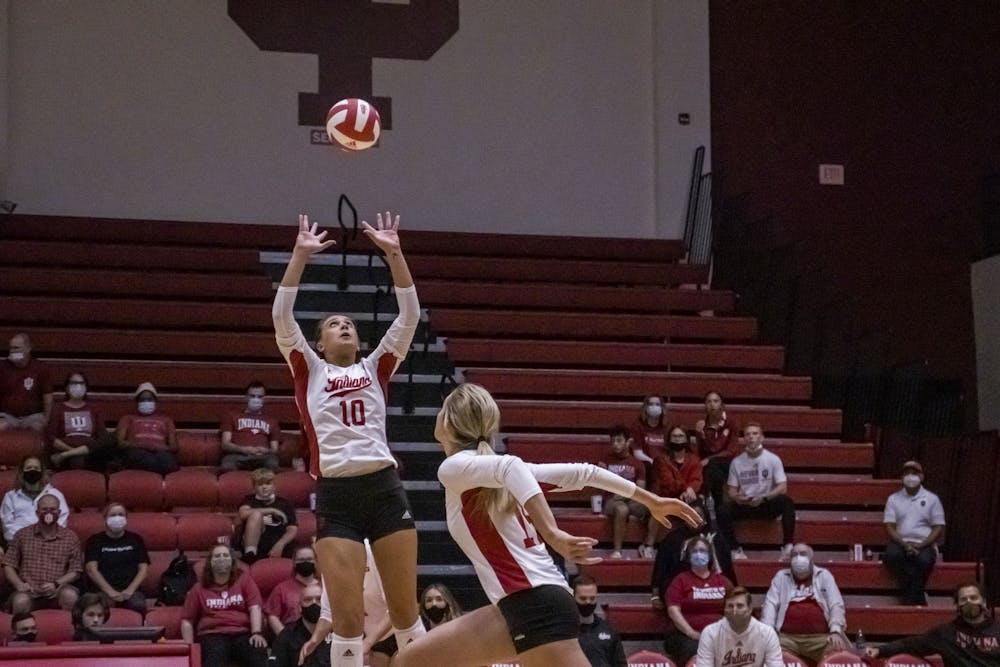 <p>Then-freshman setter Camryn Haworth passes to a teammate﻿ Sept. 24, 2021, at Wilkinson Hall. Indiana traveled to Raleigh, North Carolina, to play in the NC State Classic against Western Carolina University, North Carolina State and Texas Christian University.</p>