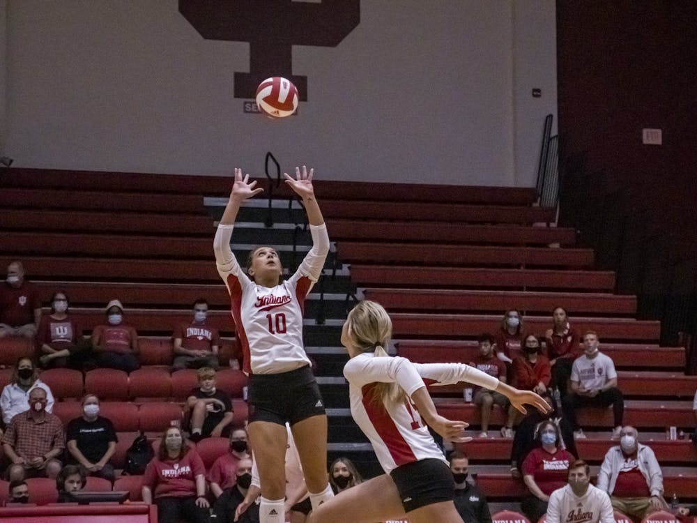 Then-freshman setter Camryn Haworth passes to a teammate﻿ Sept. 24, 2021, at Wilkinson Hall. Indiana traveled to Raleigh, North Carolina, to play in the NC State Classic against Western Carolina University, North Carolina State and Texas Christian University.