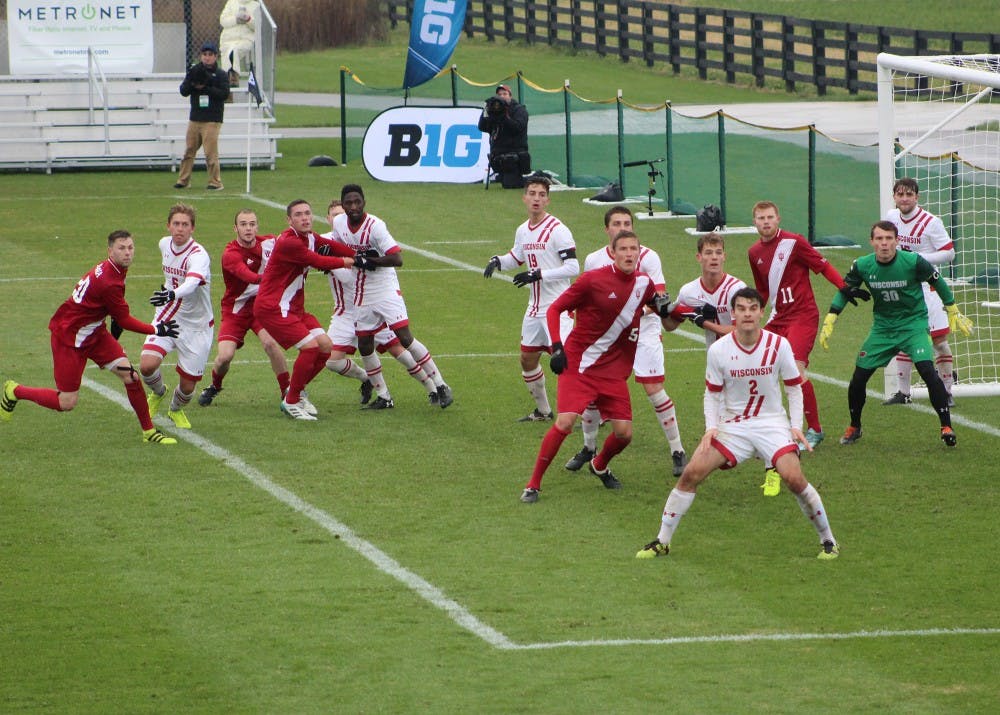 Players from both IU and Wisconsin crowd the box waiting for a corner kick from IU junior midfielder Trevor Swartz on Sunday afternoon at Grand Park in Westfield, Indiana. IU lost the Big Ten Tournament Final to Wisconsin in penalty kicks, but still received the No. 2 overall seed in the NCAA Tournament.&nbsp;