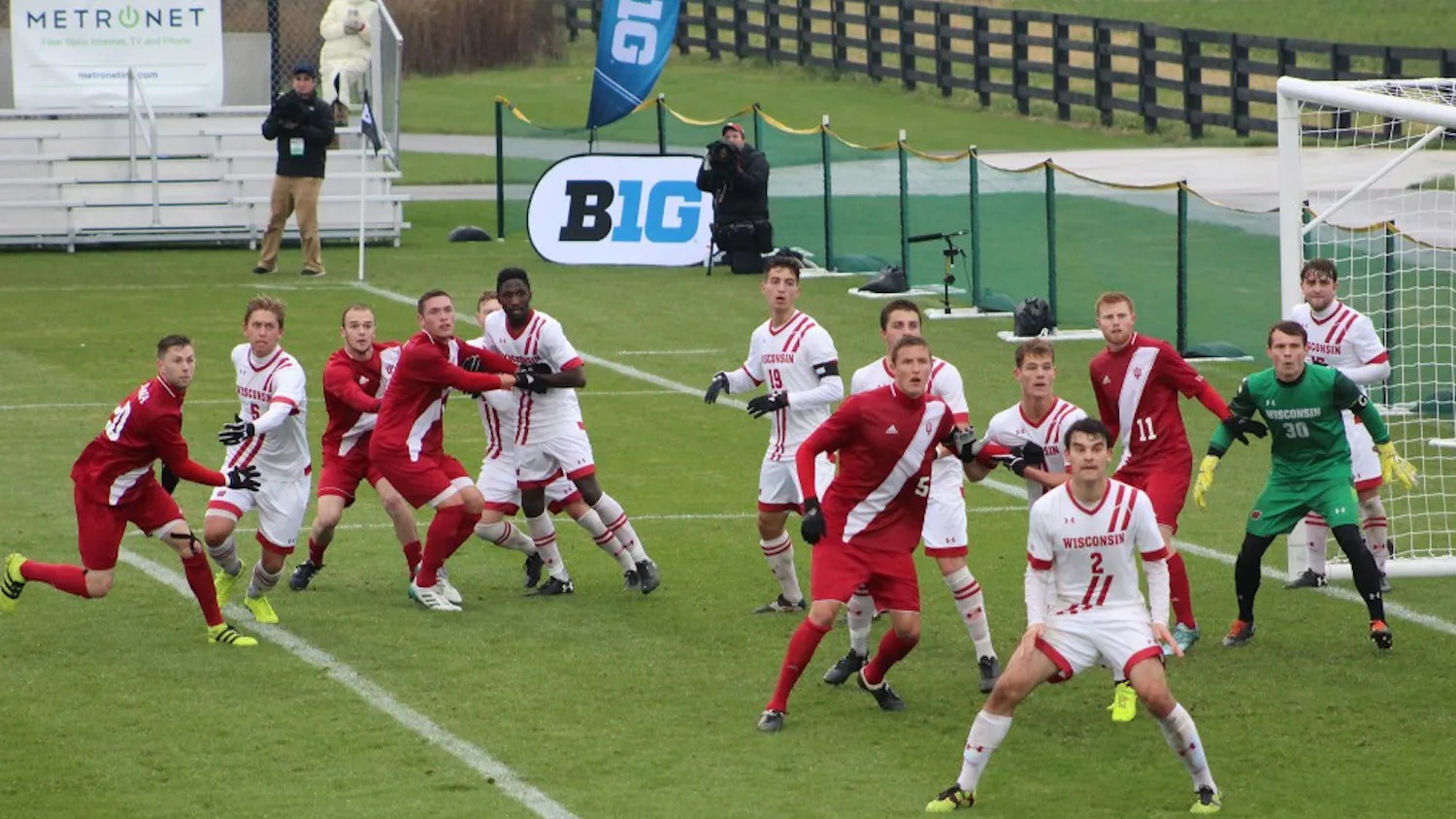 Players from both IU and Wisconsin crowd the box waiting for a corner kick from IU junior midfielder Trevor Swartz on Sunday afternoon at Grand Park in Westfield, Indiana. IU lost the Big Ten Tournament Final to Wisconsin in penalty kicks, but still received the No. 2 overall seed in the NCAA Tournament. 