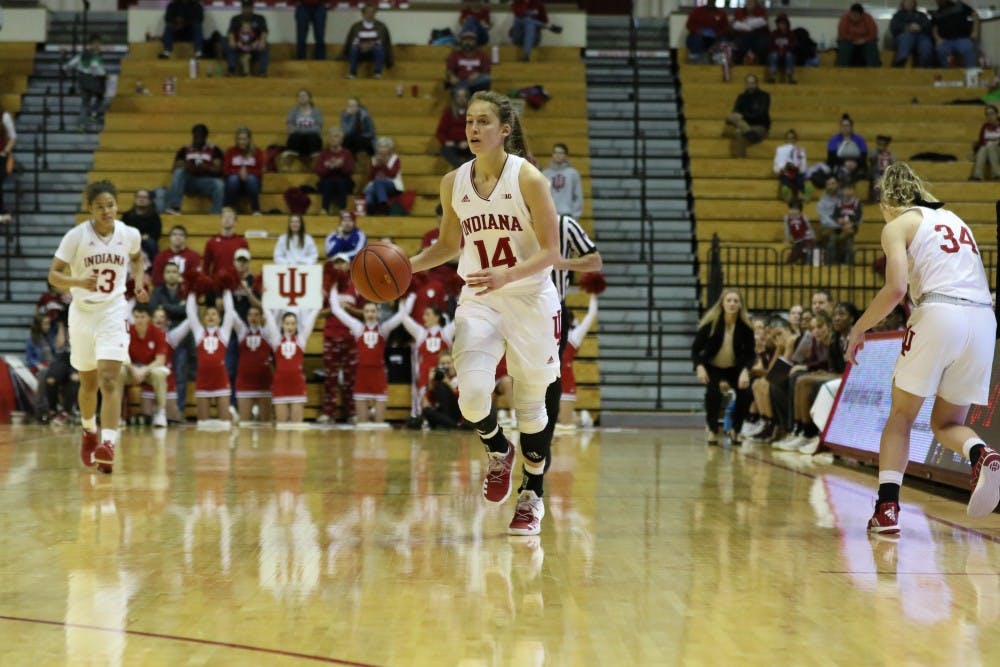 <p>Junior guard Ali Patberg moves the ball down the court as the Hoosiers lead in the second half against Missouri State on Dec. 9 at Simon Skjodt Assembly Hall. Patberg earned a double-double for the game, scoring 16 points and putting up 13 assists.&nbsp;</p>