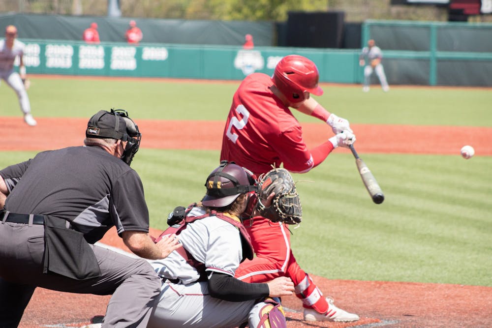 <p>Then-junior infielder Cole Barr bats against Minnesota on April 25, 2021. Indiana will play Arkansas at 5 p.m. Feb. 25 in Round Rock, Texas. </p>