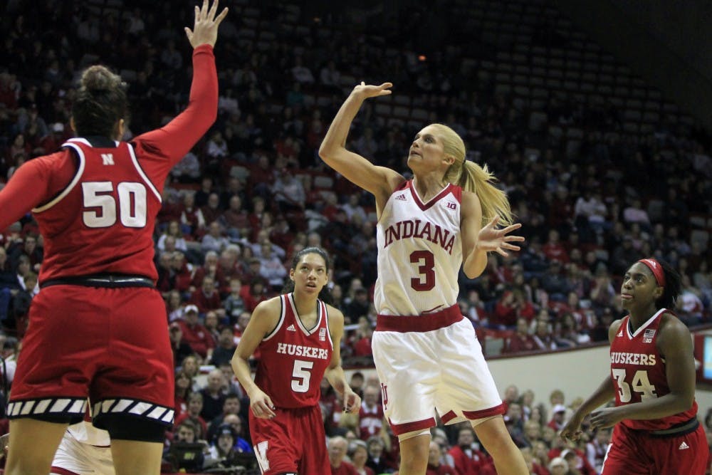 <p>Senior guard Tyra Buss shoots a 2-pointer against Nebraska. Buss and Amanda Cahill were honored for senior day during the game Saturday, Feb. 17, and they won 83-75.</p>