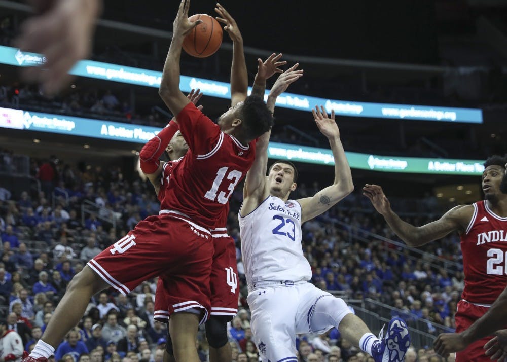 Junior forward Juwan Morgan rebounds the ball during the Hoosiers' game against the Seton Hall Pirates at the Prudential Center on Nov. 15 in Newark, New Jersey. Morgan scored a career-high 28 points in Wednesday's win for IU against Arkansas State.&nbsp;