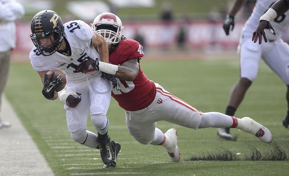 Sophomore Antonio Allen makes a tackle during IU's game against Purdue on Saturday at Memorial Stadium.