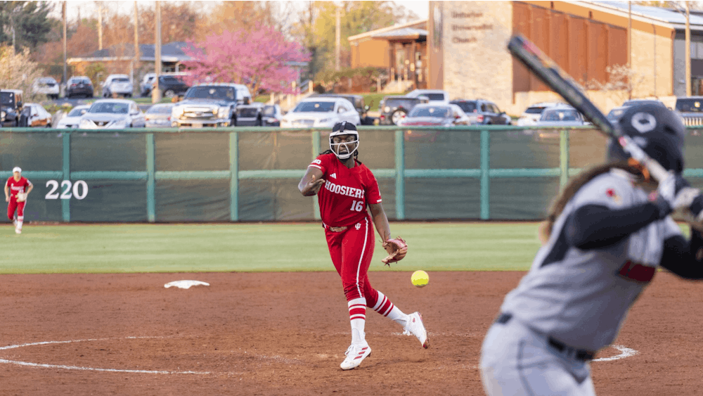 Sophomore Brianna Copeland pitches the ball April 11, 2023, at Andy Mohr Field. Sophomore Brianna Copeland threw five innings in Friday&#x27;s 9-1 victory.