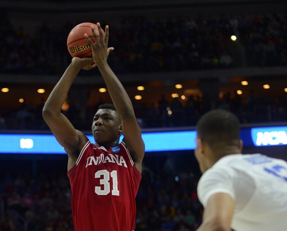 Freshman center Thomas Bryant shoots a free throw during the NCAA second round game against Kentucky on Saturday at the Wells Fargo Arena in Des Moines, Iowa. The Hoosiers won 73-67.