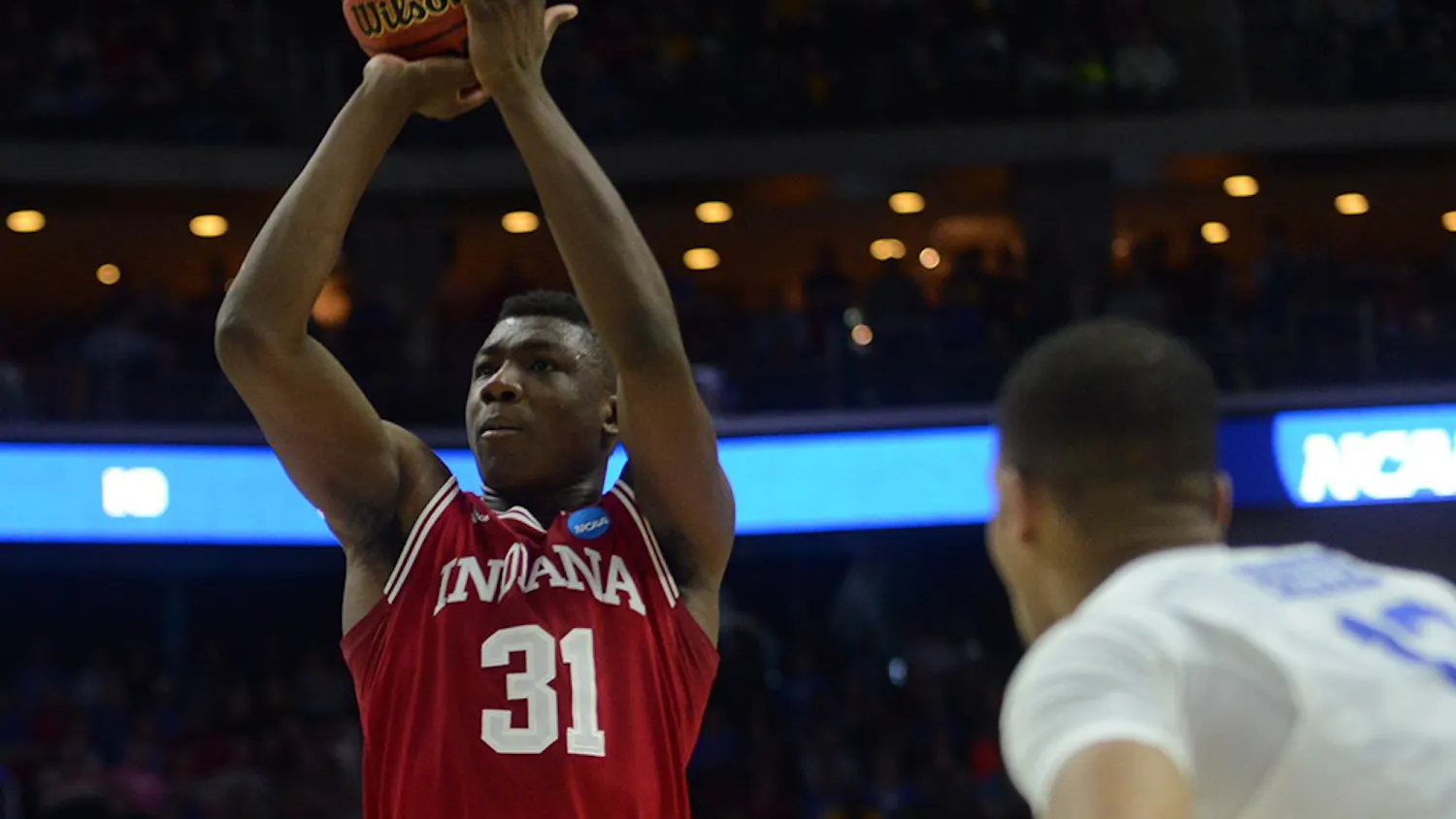 Freshman center Thomas Bryant shoots a free throw during the NCAA second round game against Kentucky on Saturday at the Wells Fargo Arena in Des Moines, Iowa. The Hoosiers won 73-67.