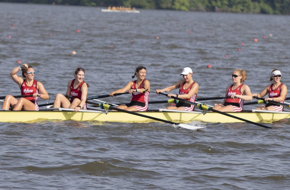 <p>IU&#x27;s women&#x27;s rowing team smiles at the crowd June 2, 2019, at Eagle Creek Park. The Hoosiers competed in Columbus, Ohio, on Saturday.</p>