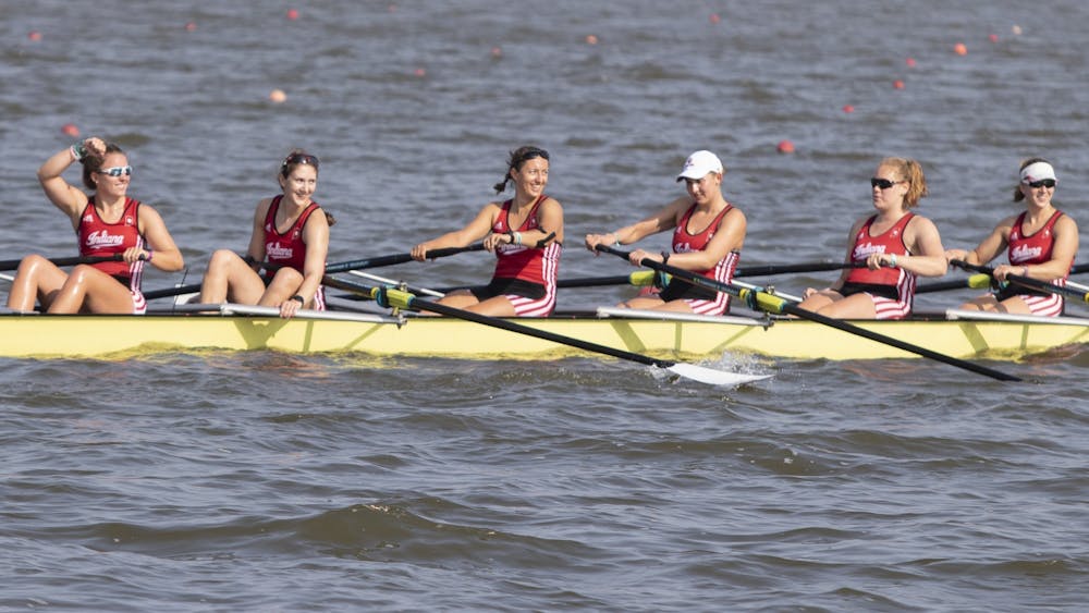 IU&#x27;s women&#x27;s rowing team smiles at the crowd June 2, 2019, at Eagle Creek Park. The Hoosiers competed in Columbus, Ohio, on Saturday.