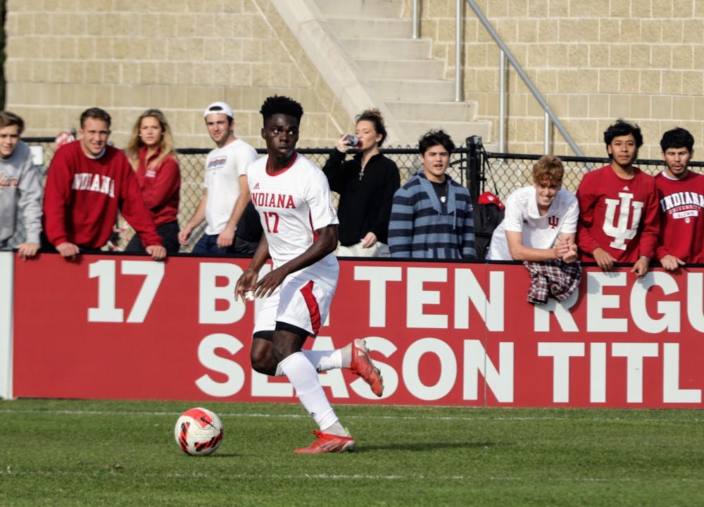 <p>Then-junior forward Herbert Endeley looks to pass the ball against Northwestern on Nov. 10, 2021, at Bill Armstrong Stadium. Indiana men&#x27;s soccer will face No. 2 University of Kentucky at 7 p.m. Oct. 22 in Bloomington.</p>