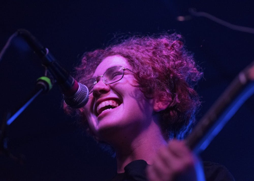 Cleo Tucker sings to "Ideal World," a song from Girlpool's 2015 album "Before The World Was Big," on Thursday night at the Bishop. Tucker, who performs guitar and vocals, sang to a crowded room, "I thought I found myself today. No one's noticed things are okay."
