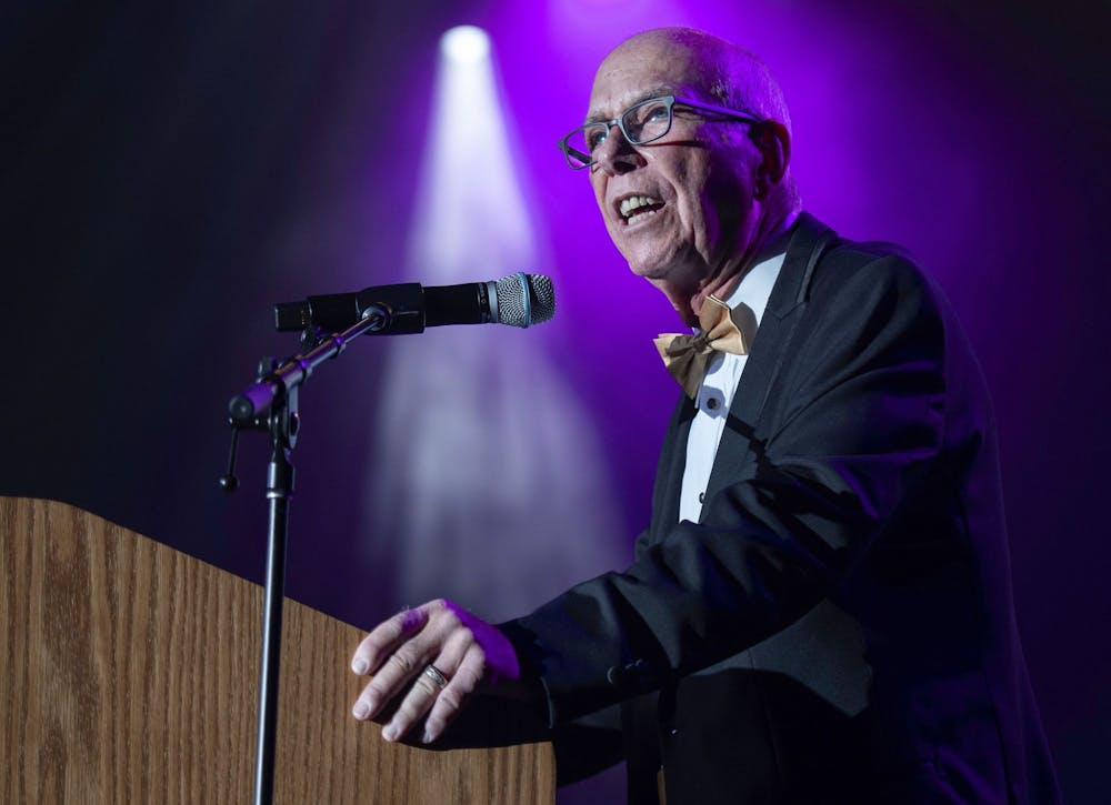 <p>Chancellor Thomas L. Keon speaks during the Purdue Northwest Roaring Ahead Scholarship Gala on June 10, 2022, at the Hard Rock Casino in Gary. Purdue Senates (Northwest, West Lafayette and Fort Wayne) voted to call for the dismissal of Thomas Keon at Purdue Northwest.</p>