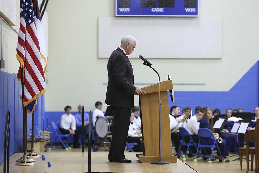 Governor Mike Pence gives a speech the Veterans Day Assembly at Lighthouse Christian Academy on Tuesday. 