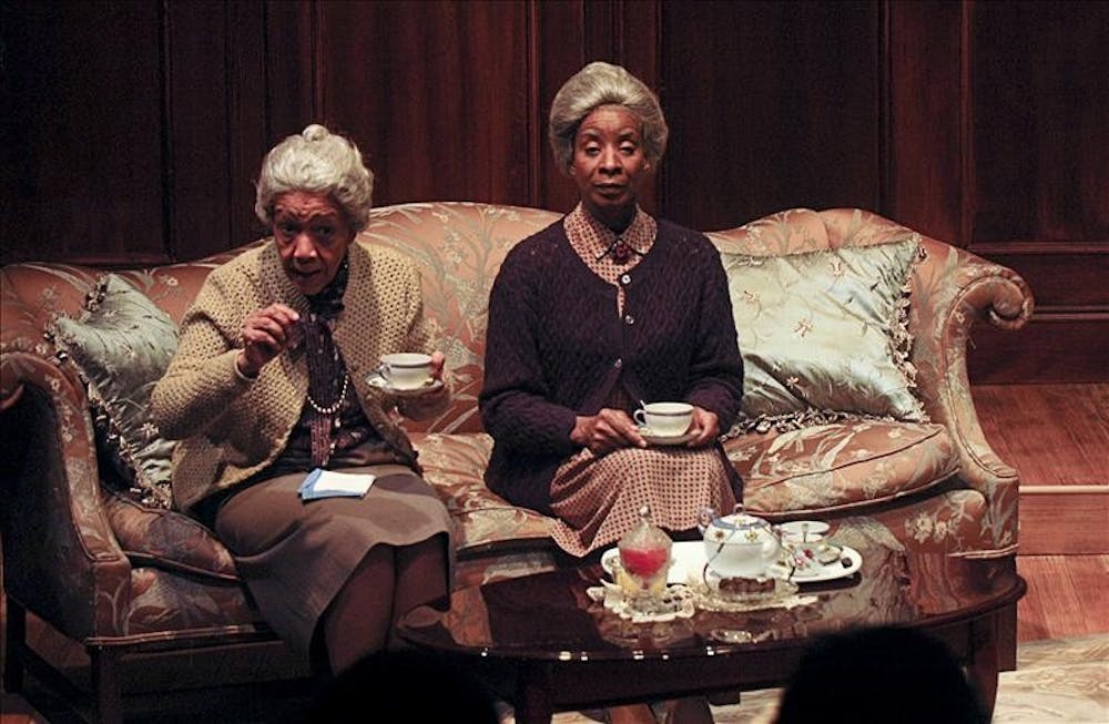 Gladys DeVane, (left) as Bessie, interacts with the audience during the 2 p.m. performance of "Having Our Say" Sunday at the John Waldron Arts Center. DeVane and Mijiza Soyini, (right) as Sadie, were the only two performers in the show.