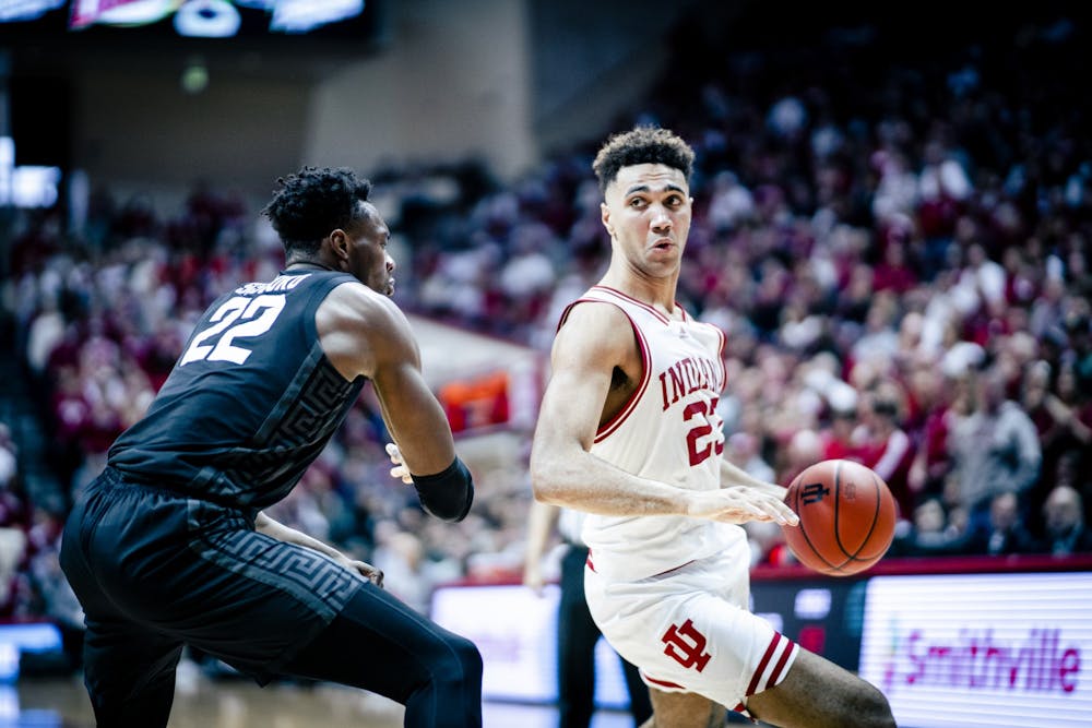 <p>Senior forward Trayce Jackson-Davis drives to the basket Jan. 22, 2023, at Simon Skjodt Assembly Hall in Bloomington. The Hoosiers beat Michigan State 82-69.</p>