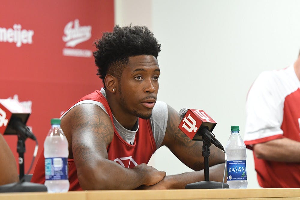 Sophomore forward De'Ron Davis talks to the media Tuesday afternoon in Simon Skjodt Assembly Hall. Davis averaged 5.9 PPG and 3.1 RPG last season.