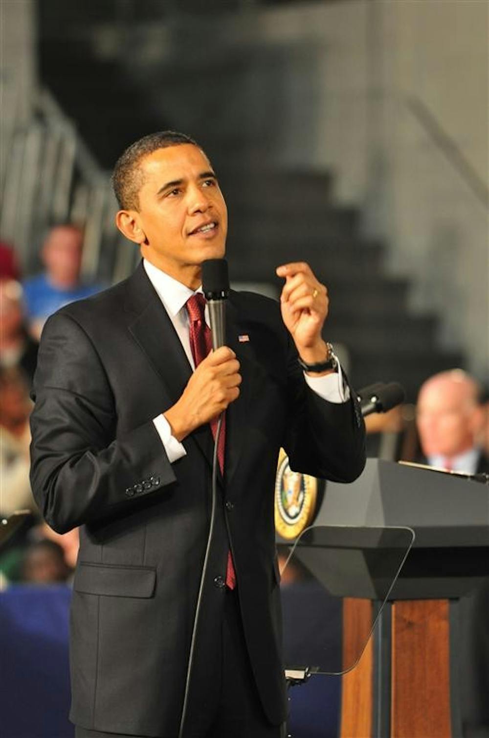 President Barack Obama addresses the audience at Concord High School in Elkhart, Ind. on Monday. Obama’s town hall meeting addressed issues concerning the proposed stimulus package.