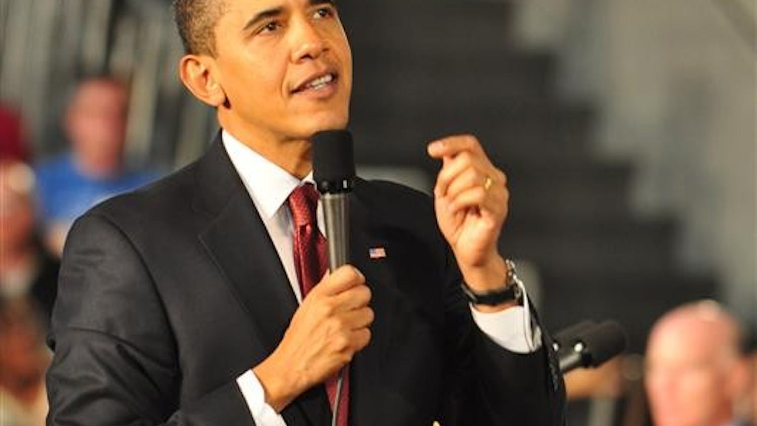President Barack Obama addresses the audience at Concord High School in Elkhart, Ind. on Monday. Obama’s town hall meeting addressed issues concerning the proposed stimulus package.