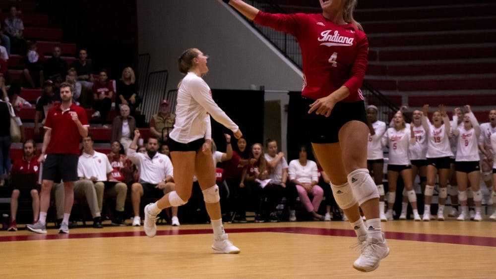 Junior Bayli Lebo celebrates a point against Yale University on Sept. 8 at Wilkinson Hall. This weekend the volleyball team will travel to Tampa Bay, Florida, for matches against Stetson University and University of South Florida.