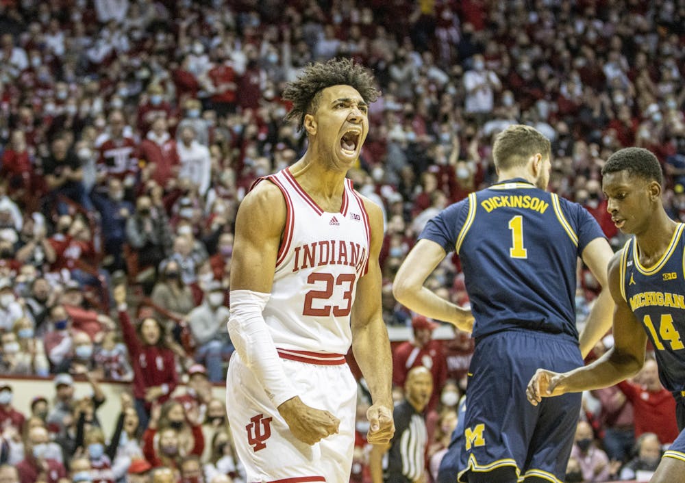 <p>Junior forward Trayce Jackson-Davis celebrates after finishing a dunk against Michigan on Jan. 23, 2022, at Simon Skjodt Assembly Hall. Indiana men’s basketball earned its first bid to the NCAA Tournament since 2016.</p>