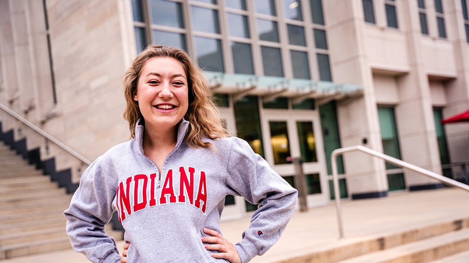 Undergraduate student Megan Bankowski poses in front of the O'Neill School of Pubic and Environmental Affairs. O'Neill offers several introductory courses for students seeking a general education credit.