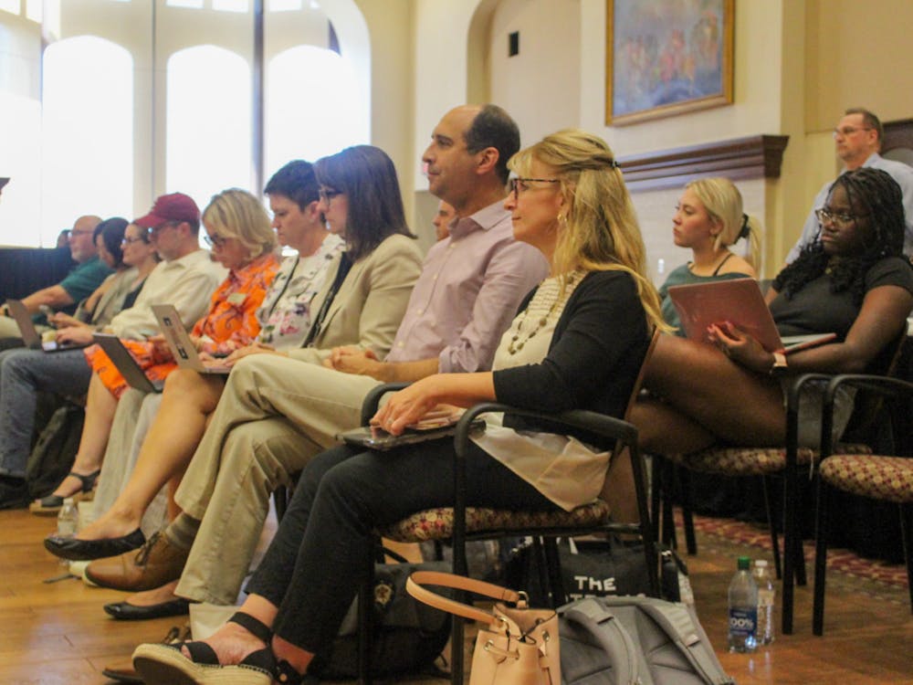 IU Bloomington faculty attend a meeting in Franklin Hall on Aug. 29, 2023. The faculty meeting focused on discussing the Supreme Court of the United States&#x27; ruling on affirmative action. 