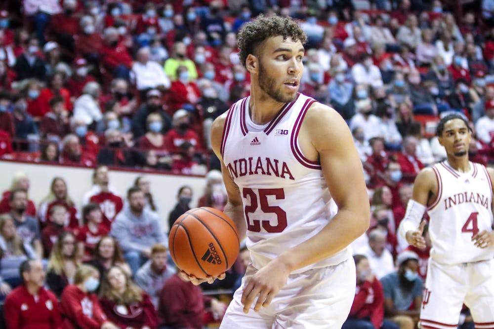 Senior forward Race Thompson looks to make a pass Nov. 21, 2021, at Simon Skjodt Assembly Hall. Indiana will face Penn State on Wednesday for the second time this season. 