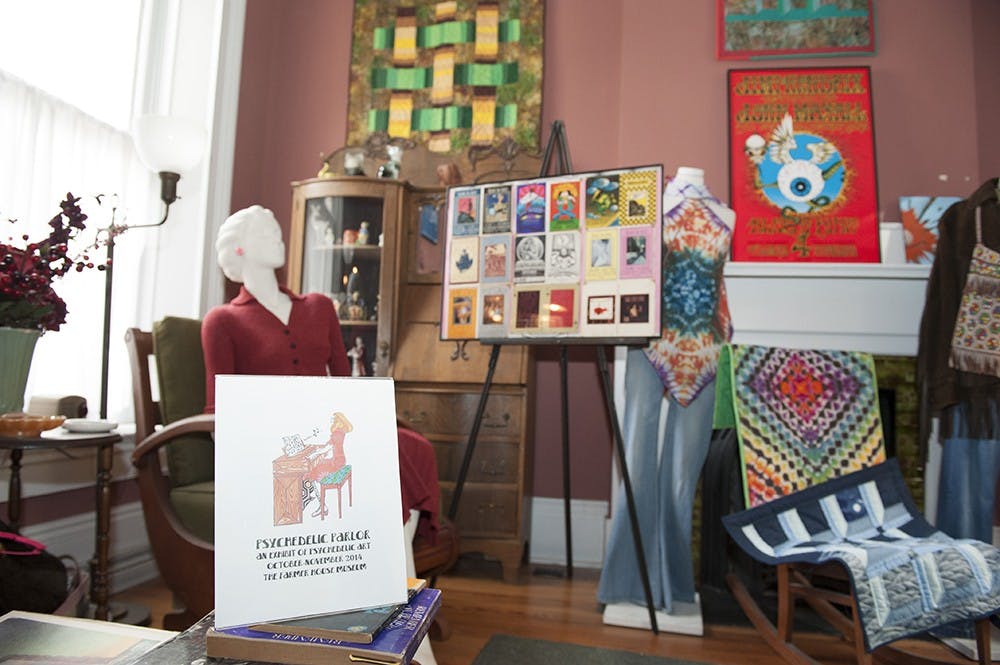 Postcards, quilts and fashion from the 60s on display at The Psychedelic Parlor installation. The display will run from Oct. 3 to Nov.14 at the Farmer House Museum.
