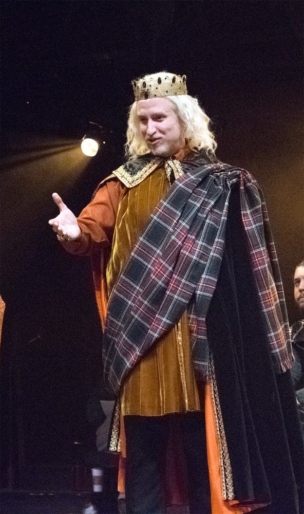 Chris J. Handley plays his part as Duncan during a rehearsal of Macbeth Tuesday at Wells-Metz Theatre in Lee Norvelle Center.