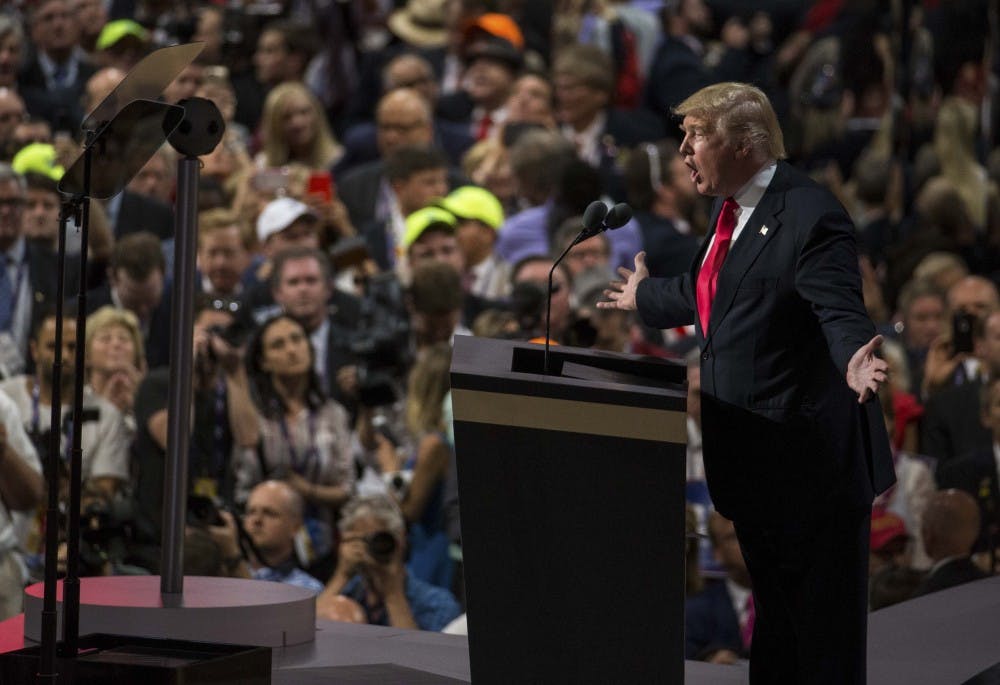 Republican presidential nominee Donald Trump speaks to the audience Thursday evening at the Quicken Loans Arena in Cleaveland, Ohio  during his speech accpeting the Republican presidential nomination.