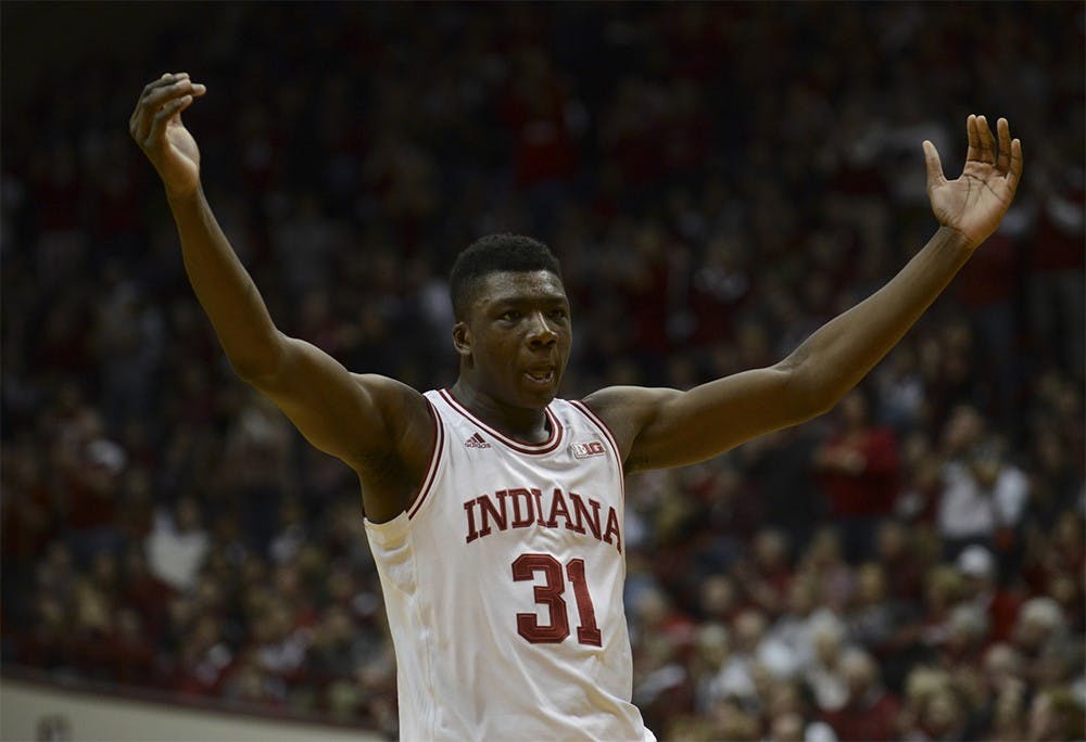 Freshman center Thomas Bryant celebrates during the game against Wisconsin on Jan. 5 at Assembly Hall. The Hoosiers won, 59-58.
