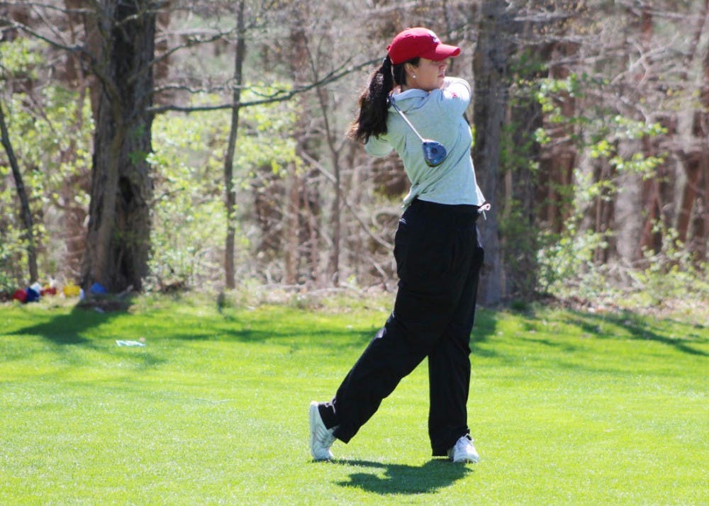 <p>Then-senior, now IU alumna Ana Sanjuan tees off during the first round of the April 2017 IU Invitational at IU Golf Course. ﻿In its first tournament of the season, junior Priscilla Schmid led the IU women’s golf team to a seventh-place finish out of 15 schools in Albuquerque, New Mexico on Tuesday afternoon.</p>
