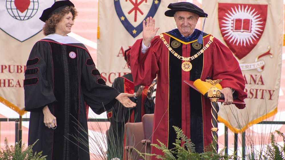 Then-IU President Michael McRobbie at IU-Bloomington&#x27;s undergraduate commencement ceremony May 8, 2021. IU’s spring 2022 undergraduate commencement ceremony will be held in-person May 7 and the graduate ceremony will be held May 6.