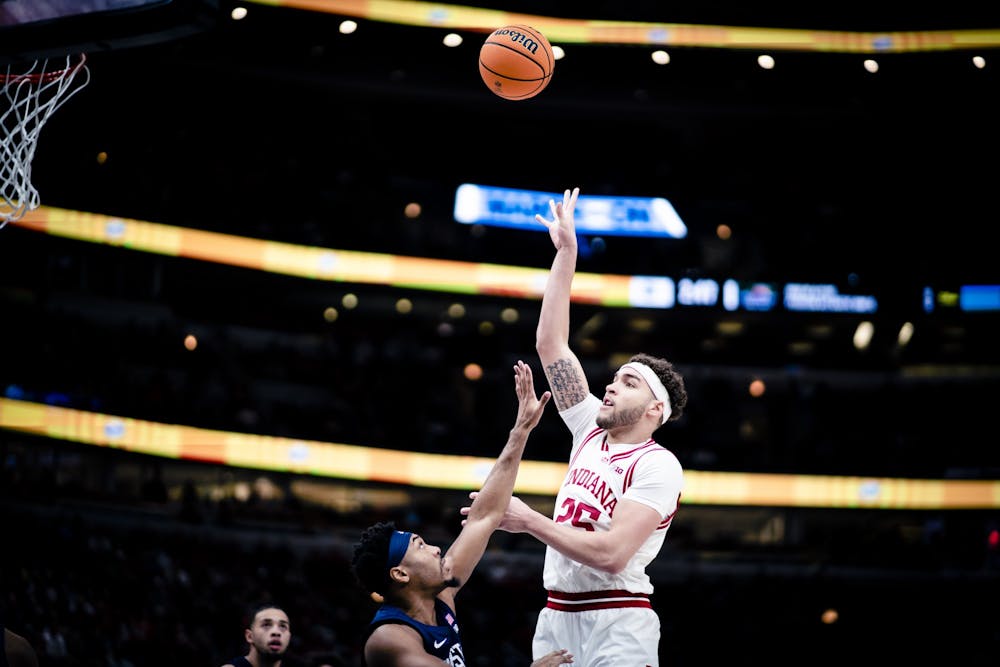 Graduate senior forward Race Thompson shoots a jumper Mar. 11, 2023, at the United Center in Chicago, Illinois. Penn State defeated Indiana 77-73.