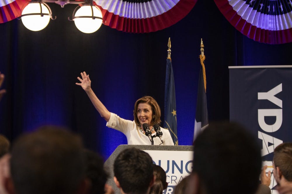 <p>House Speaker Nancy Pelosi waves goodbye towards the end of her speech July 19 at the Crowne Plaza in Indianapolis. Pelosi spoke at the 2019 Young Democrats of America National Convention. </p>