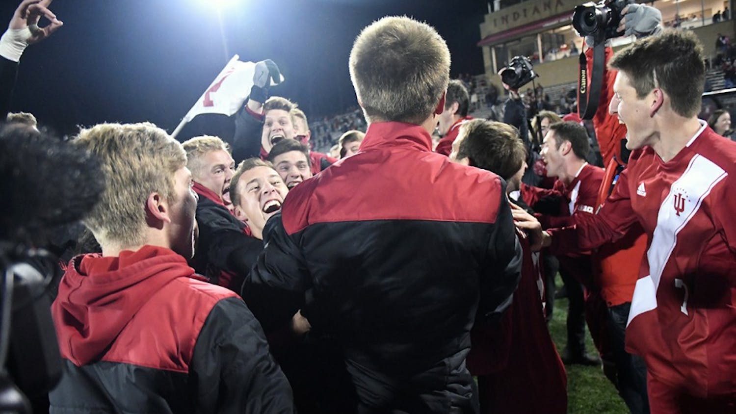 IU celebrates after defeating Michigan State on PKs, 3-2, following a 1-1 draw Oct. 29, 2017 at Bill Armstrong Stadium. Assistant coach Brian Maisonneuve will now be the head coach for Ohio State after being with IU for nine years.&nbsp;