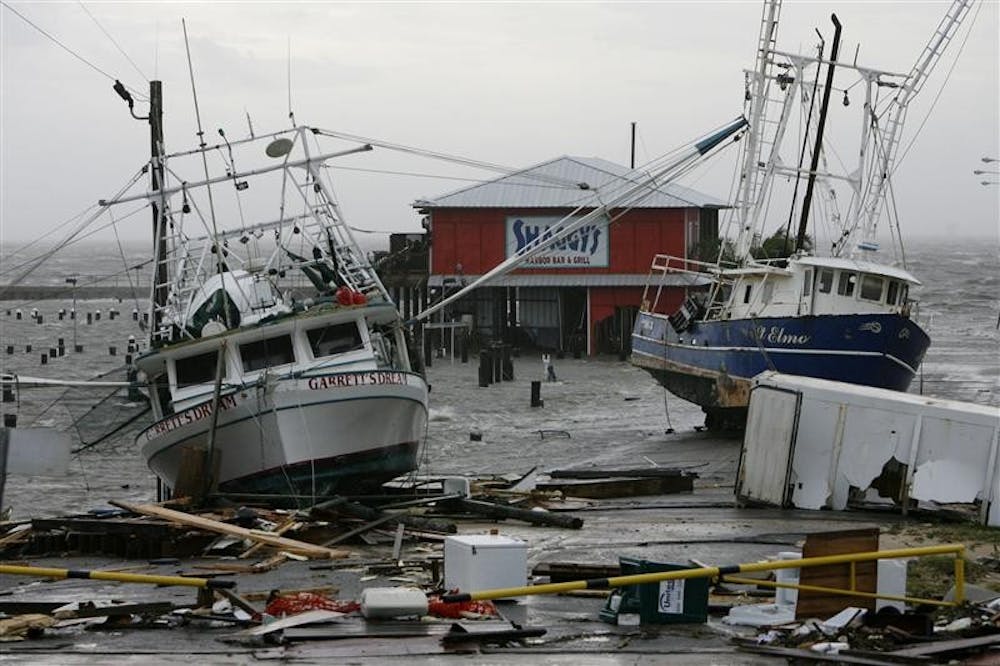 Shrimp boats lie in the parking lot of the Pass Christian, Miss. harbor after Hurricane Gustav's storm surge swept through coastal Mississippi on Monday.