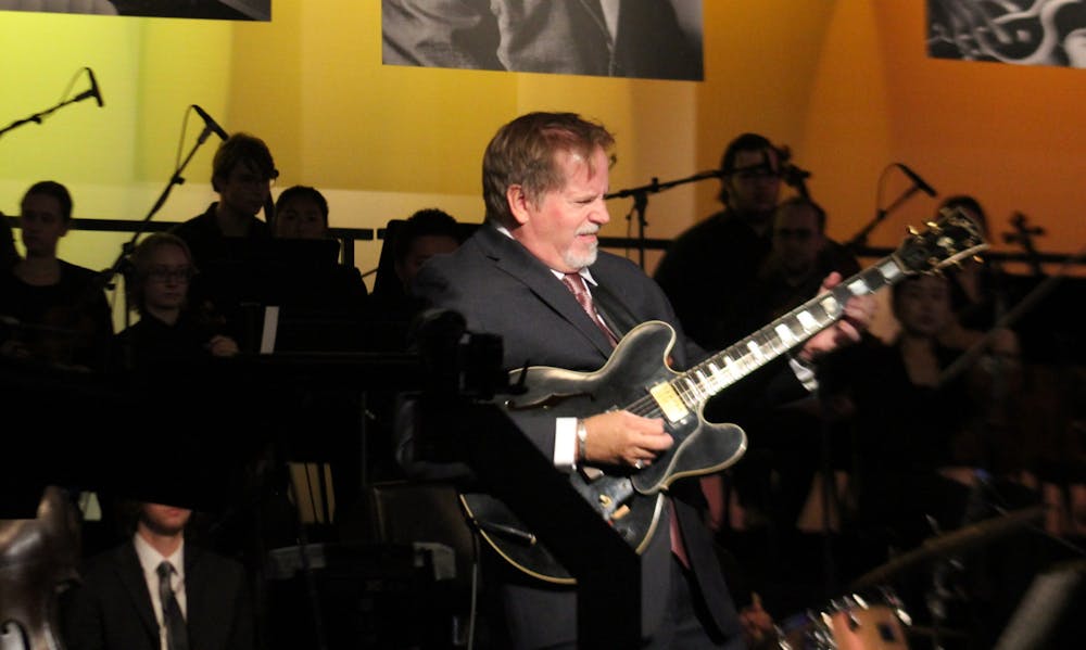 <p>Professor of Jazz Guitar Dave Stryker plays the musical role of jazz legend Wes Montgomery during the tribute concert dress rehearsal taping Oct. 17, 2022. The footage will be used in a documentary celebrating the legacy of Montgomery.</p>