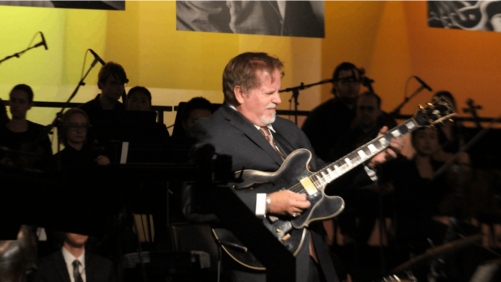 Professor of Jazz Guitar Dave Stryker plays the musical role of jazz legend Wes Montgomery during the tribute concert dress rehearsal taping Oct. 17, 2022. The footage will be used in a documentary celebrating the legacy of Montgomery.