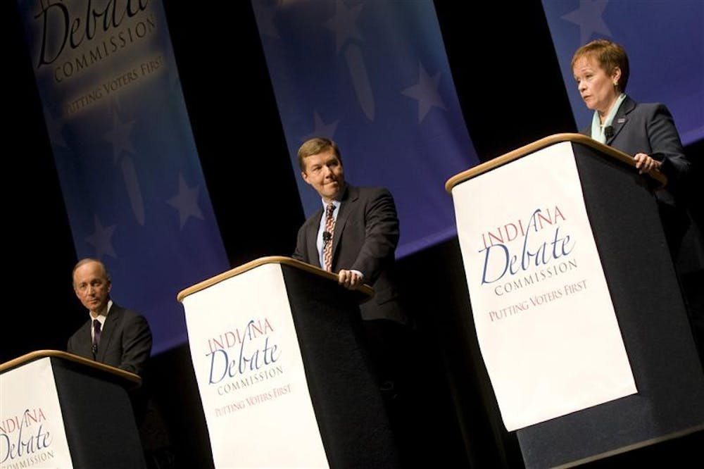 Gov. Mitch Daniels, Andrew Horning and Jill Long Thompson debate Tuesday night at the Jasper Arts Center in Jasper, Ind.