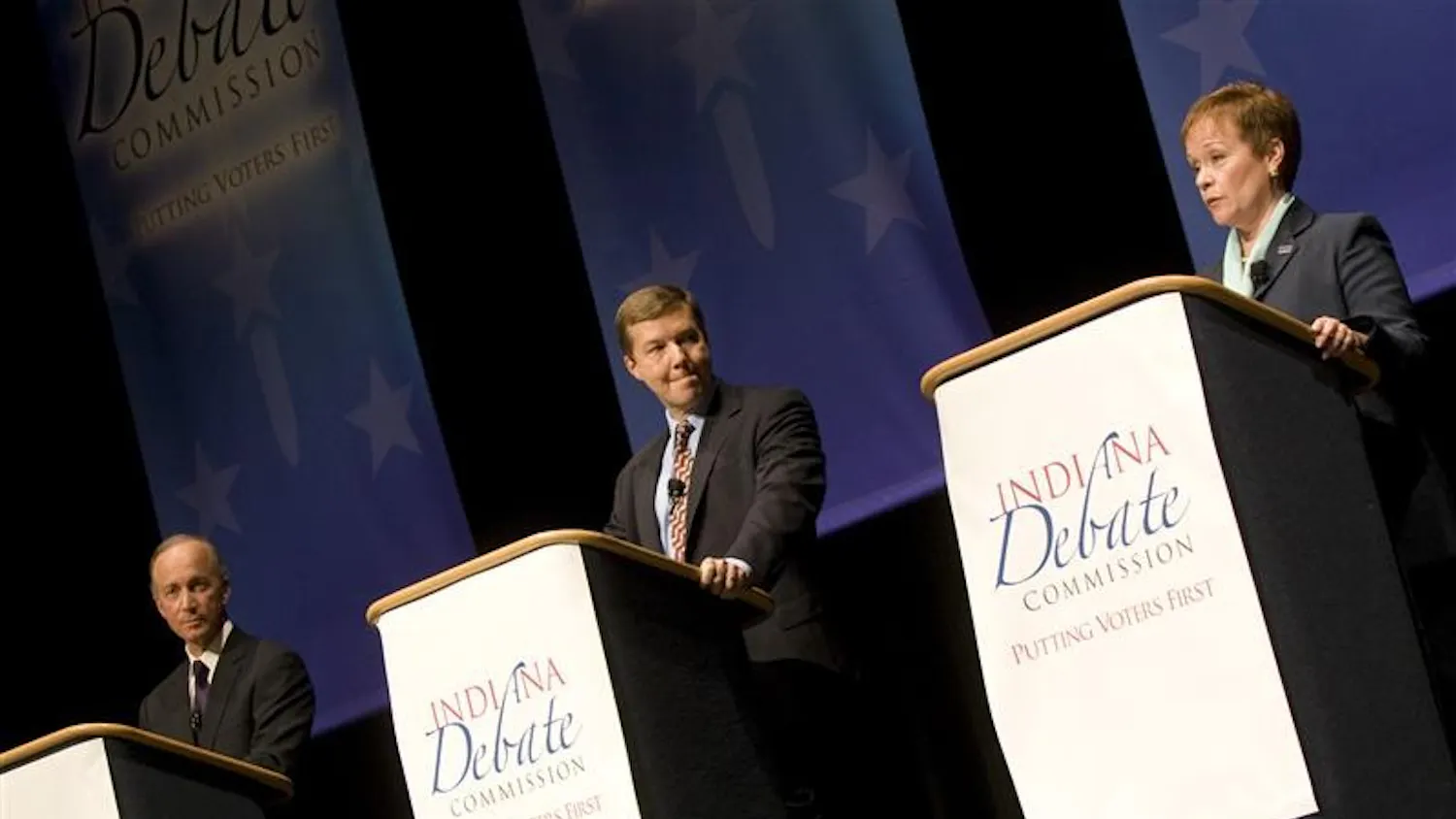 Gov. Mitch Daniels, Andrew Horning and Jill Long Thompson debate Tuesday night at the Jasper Arts Center in Jasper, Ind.