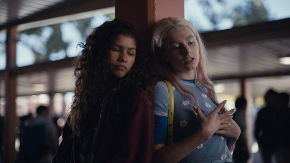 <p>Actresses Zendaya and Hunter Schafer lean on a beam during filming for the show &quot;Euphoria.&quot; The show, which has one season released in 2019, has been releasing special one-off episodes throughout the COVID-19 pandemic focusing on individual characters like Zendaya&#x27;s Rue and Schafer&#x27;s Jules. </p>