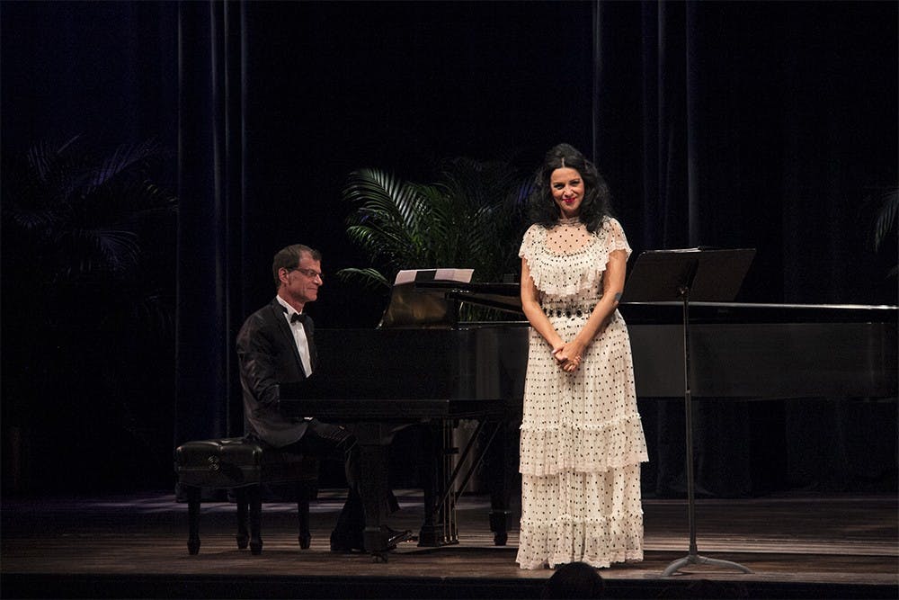 Romanian-born soprano singer Angela Gheorghiu performs with Jeff Cohen at the IU Auditorium on Wednesday evening. Gheorghiu has performed in opera houses and concert halls all over the world.