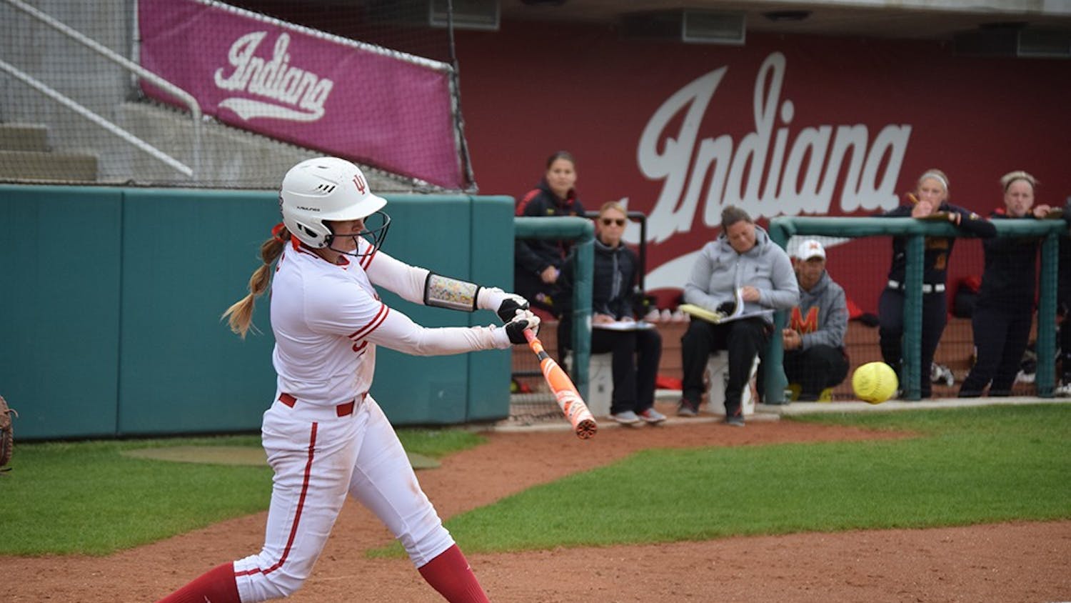 Senior Erin Lehman hits the ball in the second game against Maryland on Friday, April 21, 2017. The Hoosiers swept the Terrapins in the weekend series.
