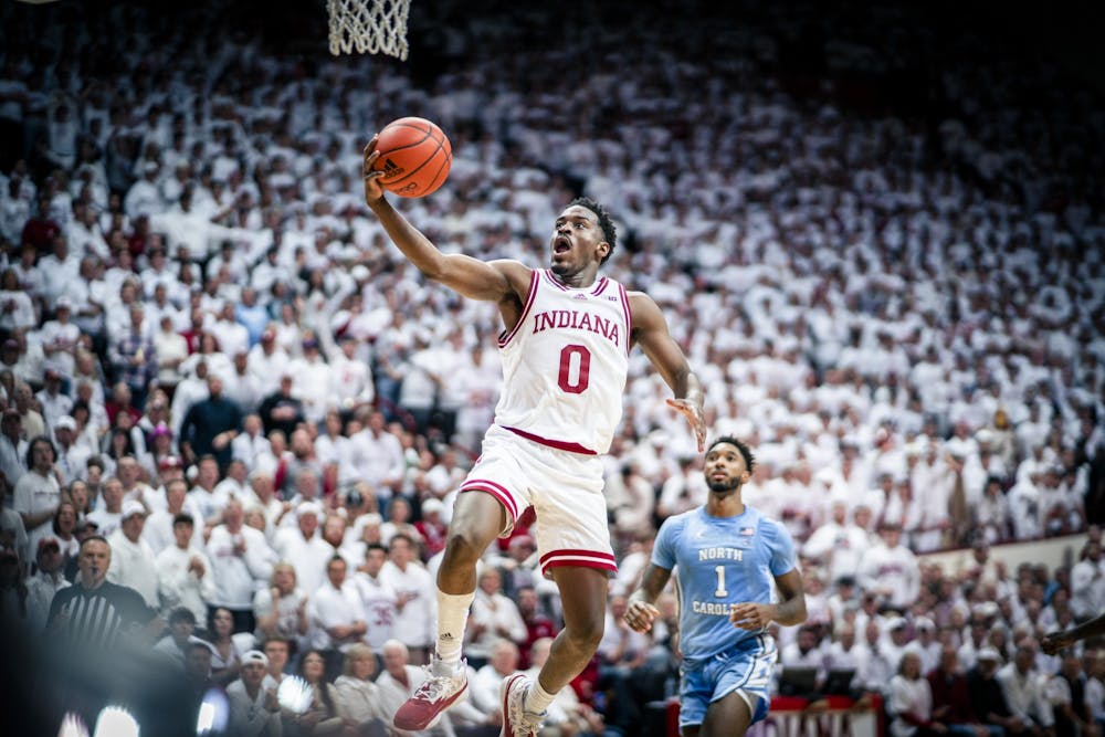 <p>Graduate guard Xavier Johnson lays in a shot Nov. 30, 2022 at Simon Skjodt Assembly Hall in Bloomington, Indiana. The Hoosiers beat North Carolina 77-65.</p>