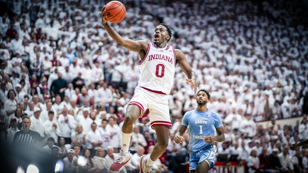 Graduate guard Xavier Johnson lays in a shot Nov. 30, 2022 at Simon Skjodt Assembly Hall in Bloomington, Indiana. The Hoosiers beat North Carolina 77-65.